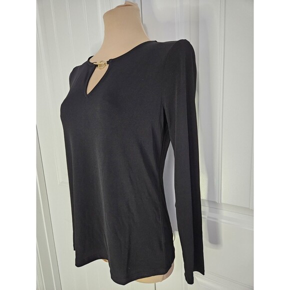 Michael Kors Black Blouse Sz S Gold Tone Logo Hardware NWT Keyhole Neck - Picture 5 of 9
